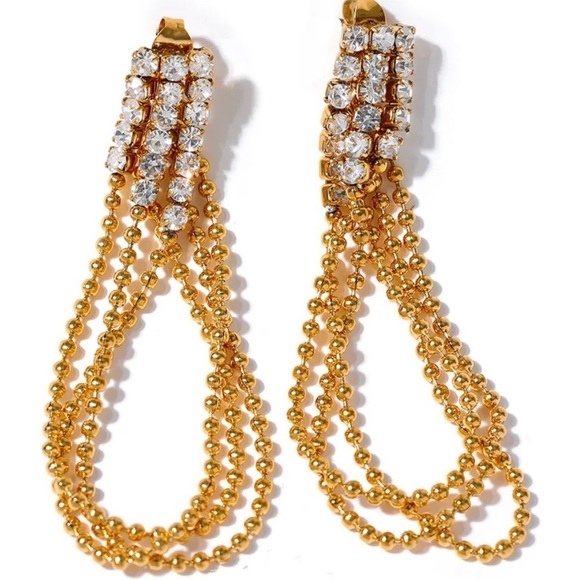 Cubic Zirconia Tassel Chain Drop Dangle Stainless Steel Gold Plated Earrings New - Picture 1 of 7